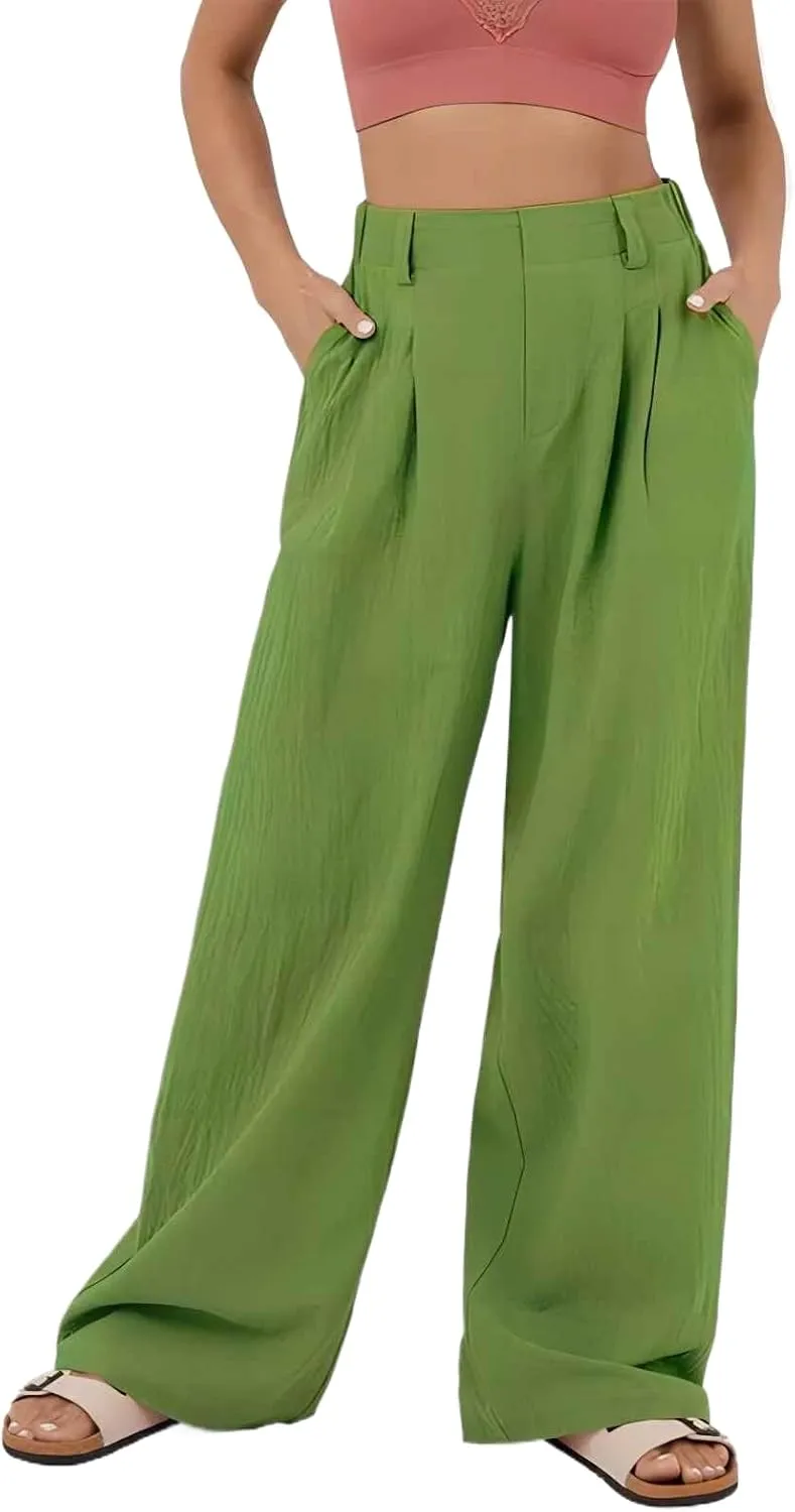 sandbank Women's High-Waisted Wide Leg Cotton Pants Casual Loose Fitted Palazzo Pants 2024 Summer Beach Vacation Wear