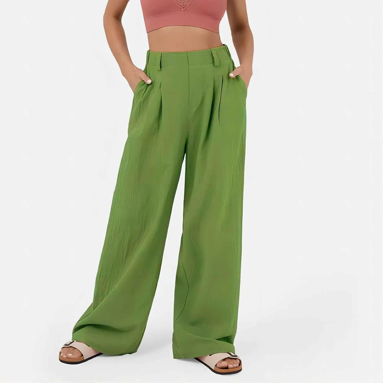 sandbank Women's High-Waisted Wide Leg Cotton Pants Casual Loose Fitted Palazzo Pants 2024 Summer Beach Vacation Wear