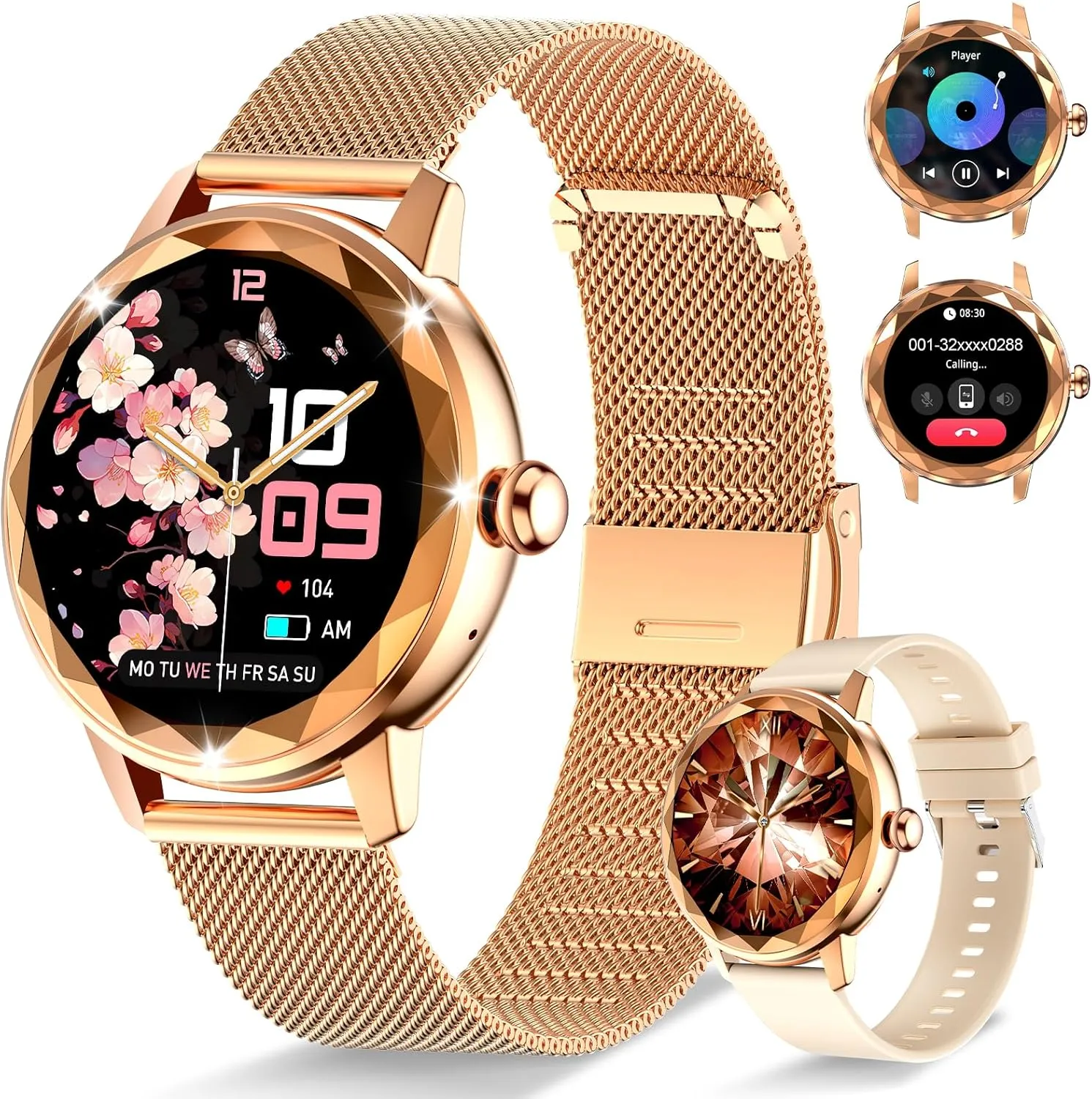Smart Watch for Women with Make/Answer Call, 1.2" Adjustable Fitness Watch with Heart Rate Sleep Monitor Female Cycle and 100  Sports Modes for iOS Android (G02-Rose Gold)