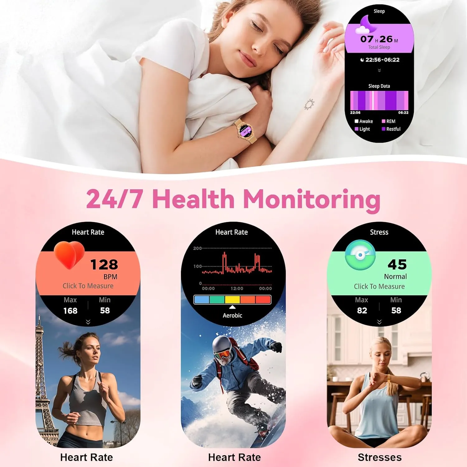 Smart Watch for Women with Make/Answer Call, 1.2" Adjustable Fitness Watch with Heart Rate Sleep Monitor Female Cycle and 100  Sports Modes for iOS Android (G02-Rose Gold)