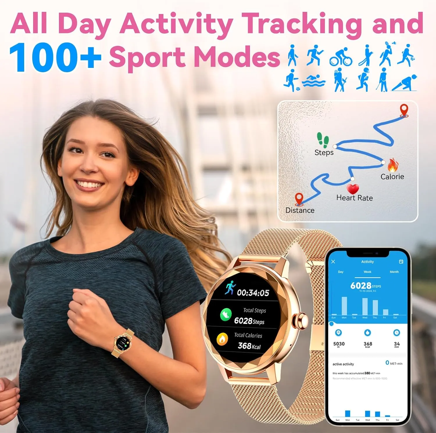 Smart Watch for Women with Make/Answer Call, 1.2" Adjustable Fitness Watch with Heart Rate Sleep Monitor Female Cycle and 100  Sports Modes for iOS Android (G02-Rose Gold)