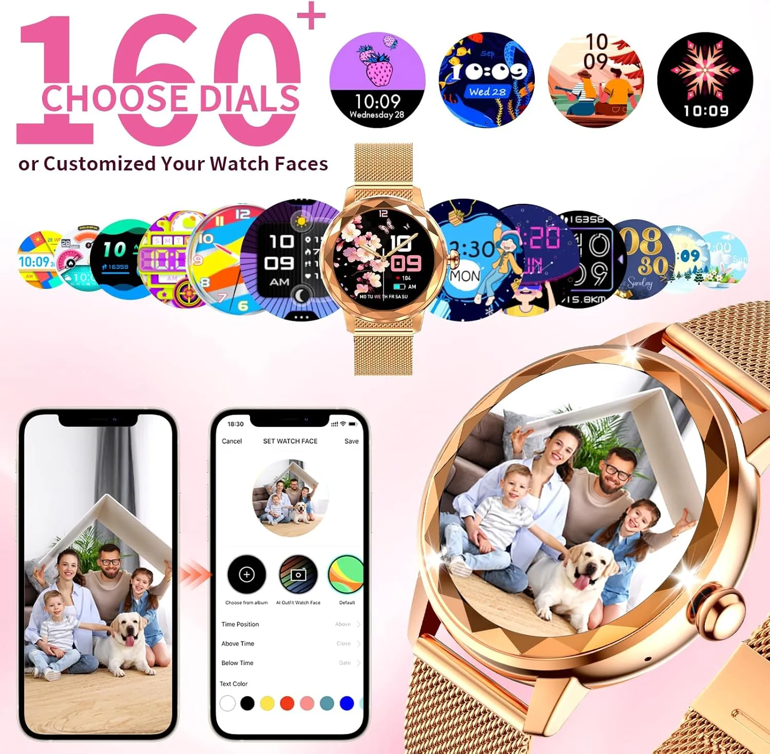 Smart Watch for Women with Make/Answer Call, 1.2" Adjustable Fitness Watch with Heart Rate Sleep Monitor Female Cycle and 100  Sports Modes for iOS Android (G02-Rose Gold)