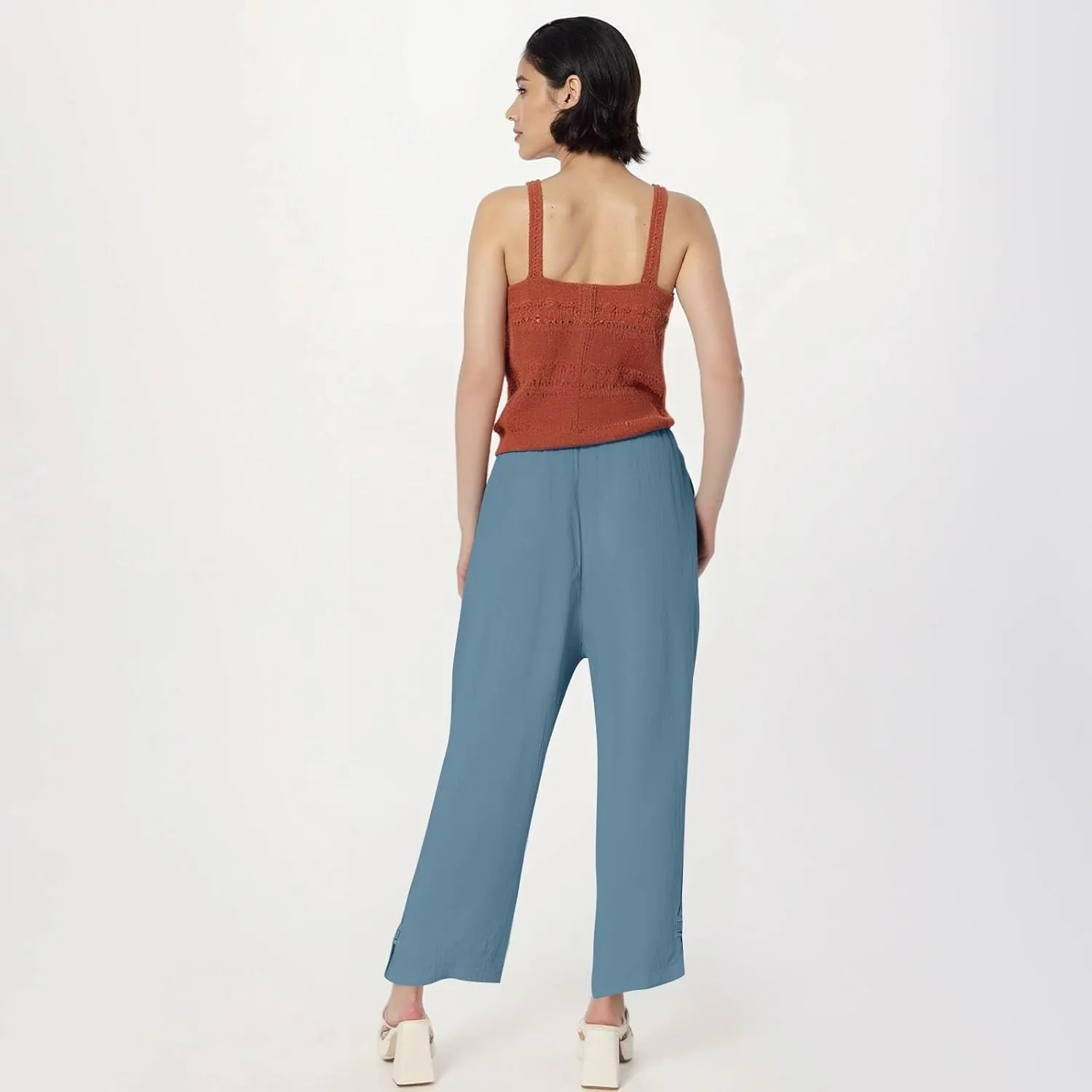 Summer Travel Pants Women Cotton Linen Flowy Wide Leg High Waist Trouser Pants Trendy Drawstring Clothes with Pockets