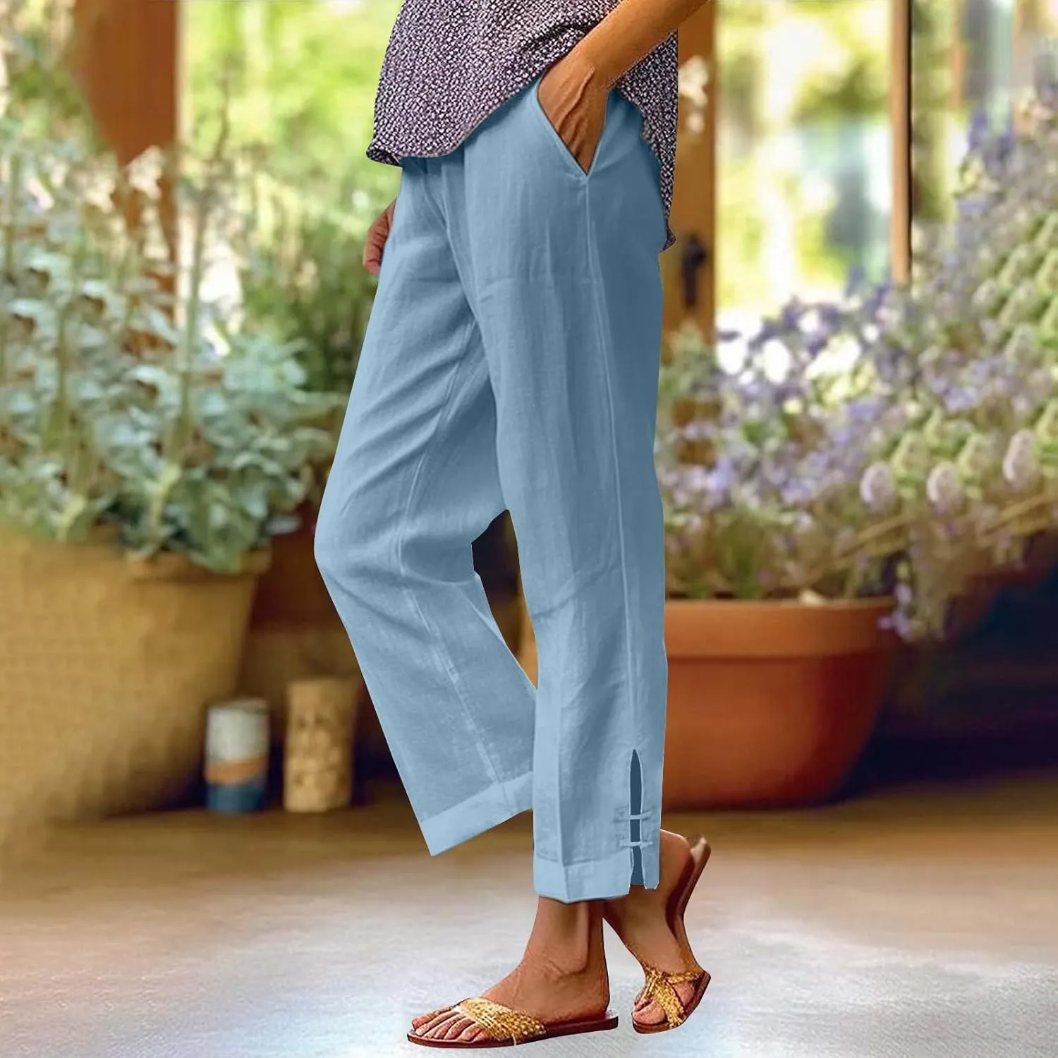 Summer Travel Pants Women Cotton Linen Flowy Wide Leg High Waist Trouser Pants Trendy Drawstring Clothes with Pockets