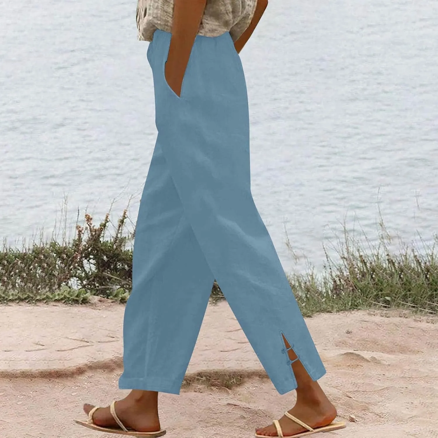 Summer Travel Pants Women Cotton Linen Flowy Wide Leg High Waist Trouser Pants Trendy Drawstring Clothes with Pockets