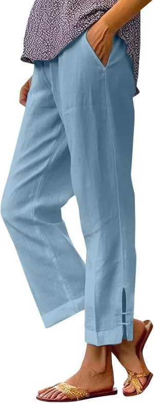 Summer Travel Pants Women Cotton Linen Flowy Wide Leg High Waist Trouser Pants Trendy Drawstring Clothes with Pockets