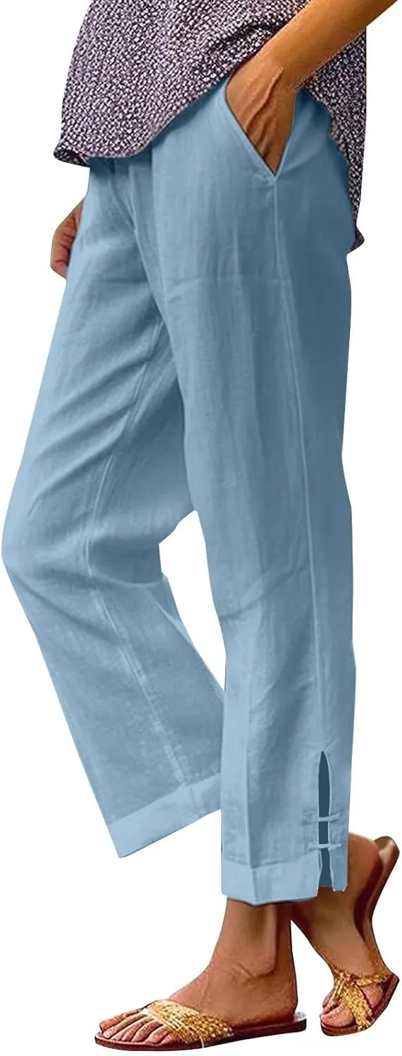 Summer Travel Pants Women Cotton Linen Flowy Wide Leg High Waist Trouser Pants Trendy Drawstring Clothes with Pockets