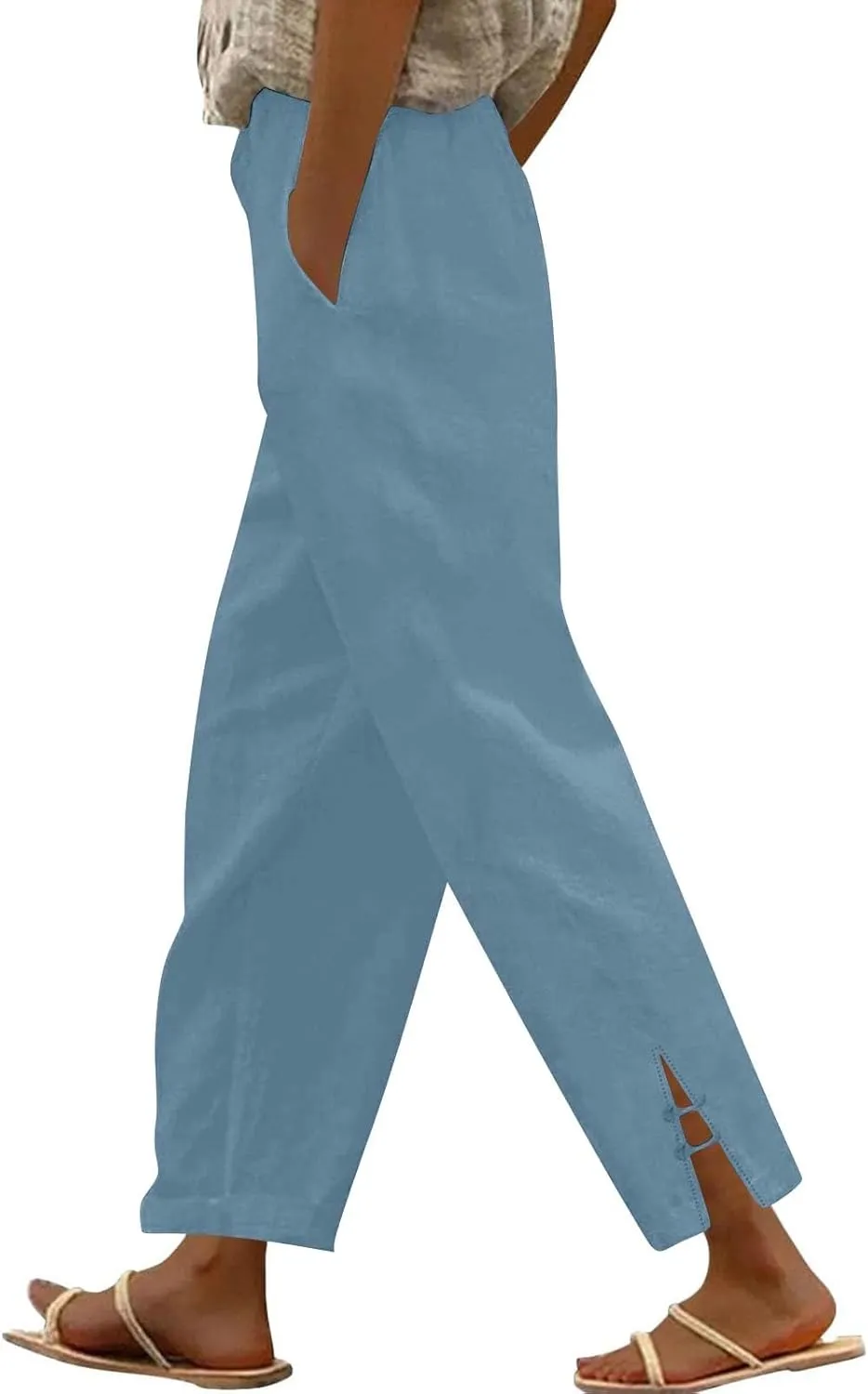 Summer Travel Pants Women Cotton Linen Flowy Wide Leg High Waist Trouser Pants Trendy Drawstring Clothes with Pockets
