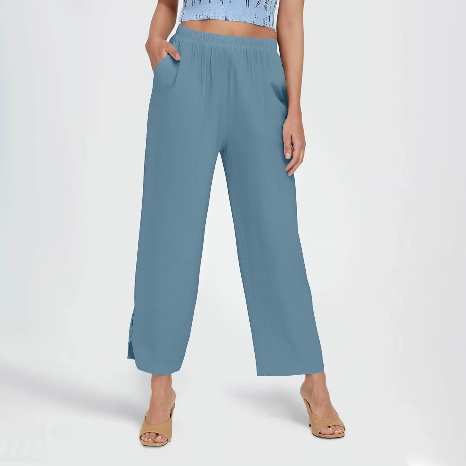 Summer Travel Pants Women Cotton Linen Flowy Wide Leg High Waist Trouser Pants Trendy Drawstring Clothes with Pockets
