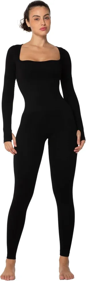 Sunzel Long Sleeve Bodysuits One Piece Jumpsuit for Women with Square Neck and Butt Scrunch Leggings Seamless Ribeed Rompers (25" Inseam, Small, Black)