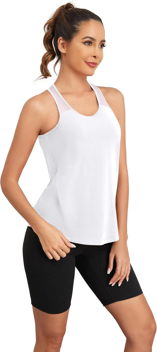TAIPOVE Pima Cotton Racerback Workout Tops for Women Yoga Shirt Mesh Tank Sleeveless Tops for Athletic Running 2 Packs