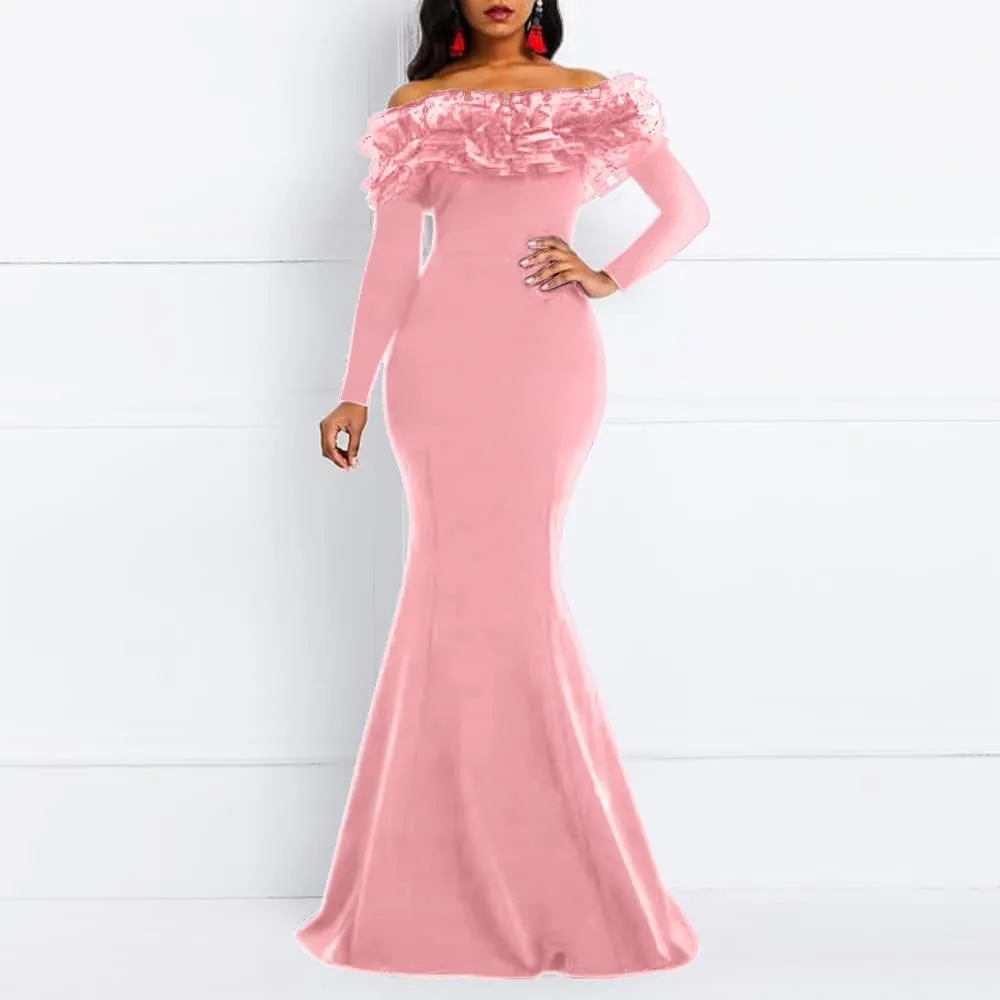 VERWIN Floor-Length Long Sleeve Off Shoulder Plain Women's Maxi Dress Bodycon Dress