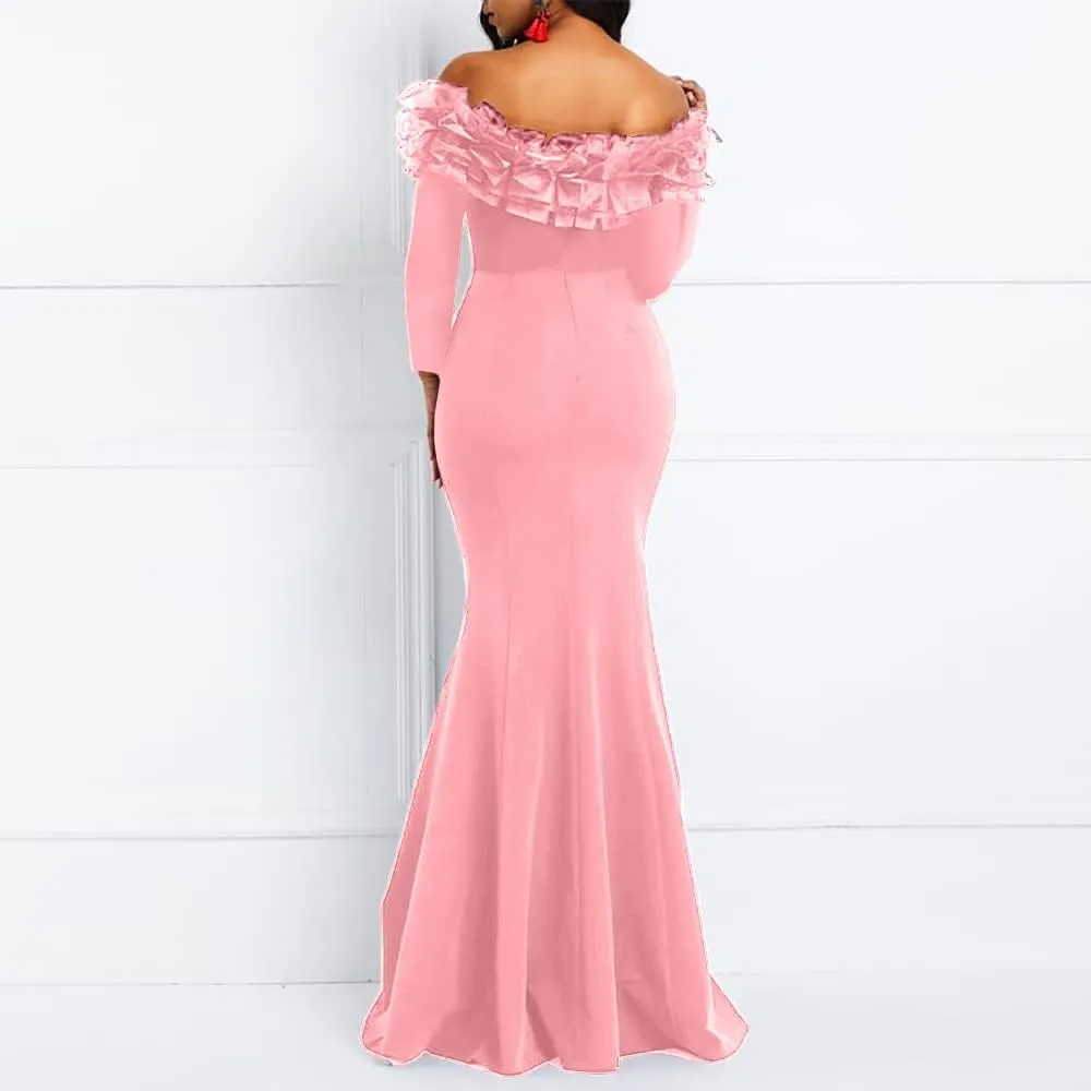 VERWIN Floor-Length Long Sleeve Off Shoulder Plain Women's Maxi Dress Bodycon Dress
