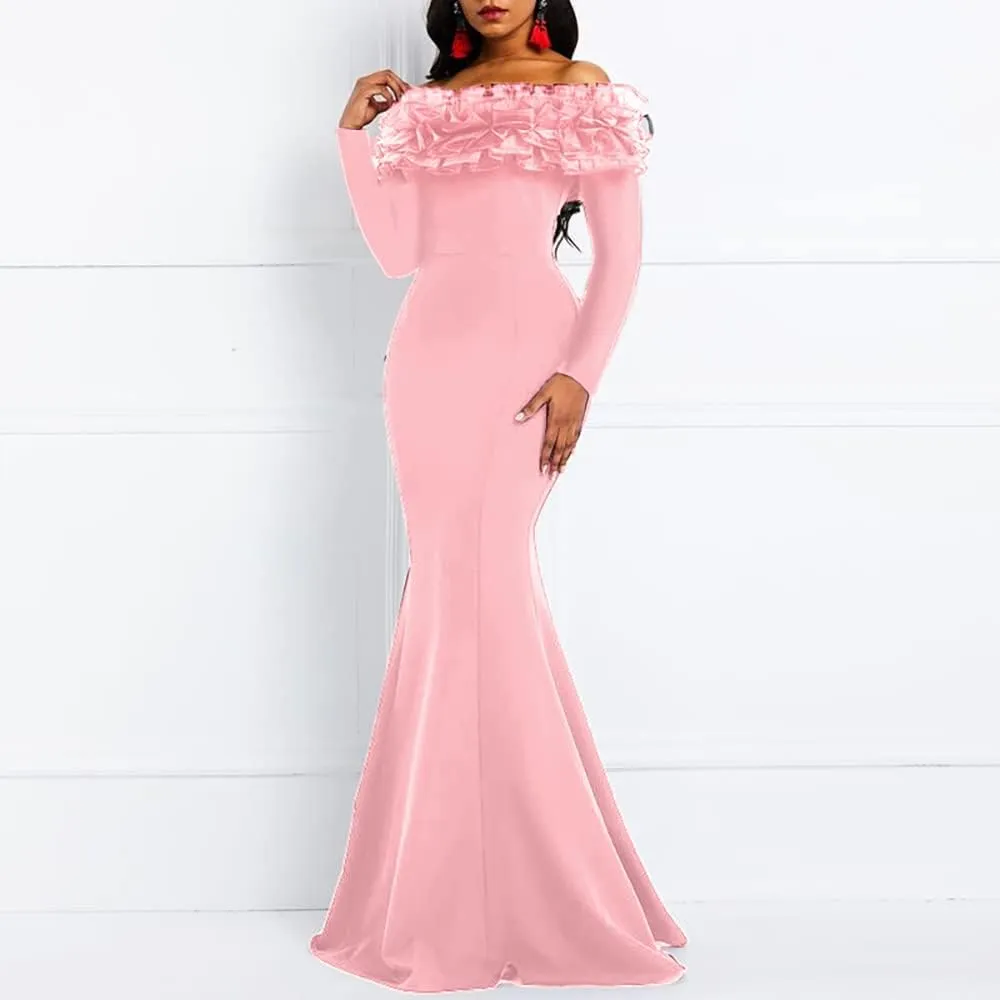VERWIN Floor-Length Long Sleeve Off Shoulder Plain Women's Maxi Dress Bodycon Dress