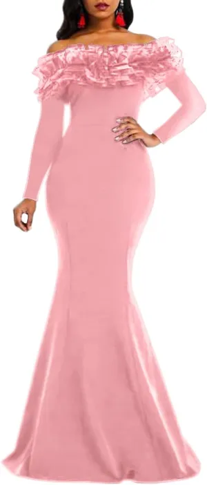 VERWIN Floor-Length Long Sleeve Off Shoulder Plain Women's Maxi Dress Bodycon Dress