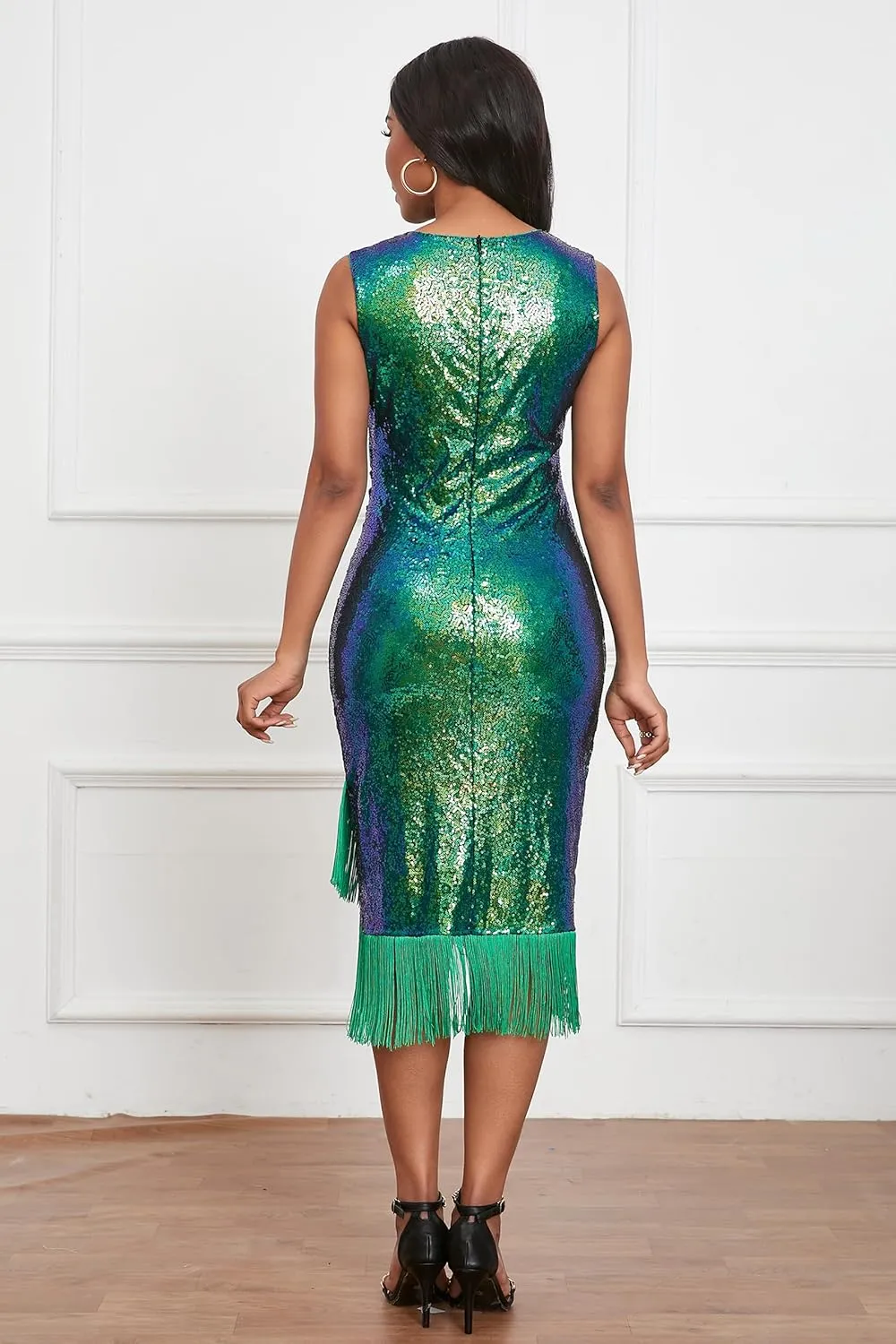 VERWIN Sequins Bodycon Dress Sleeveless Dress Fringe Midi Dress V Neck Tiered Tassels Dress Prom Dress