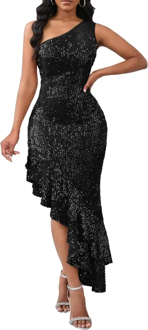 VERWIN Sleeveless Sequins Dress Bodycon Dress Ruffle Hem Sparkly Maxi Dress Casual Party Cocktail Evening Dress