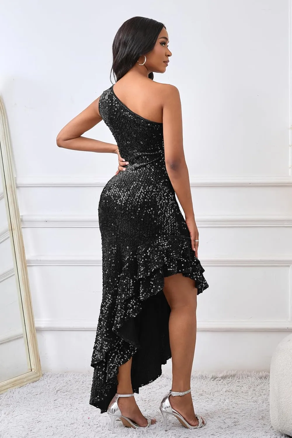 VERWIN Sleeveless Sequins Dress Bodycon Dress Ruffle Hem Sparkly Maxi Dress Casual Party Cocktail Evening Dress
