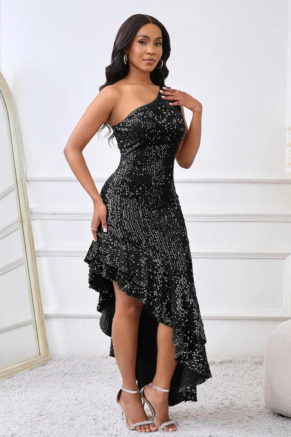 VERWIN Sleeveless Sequins Dress Bodycon Dress Ruffle Hem Sparkly Maxi Dress Casual Party Cocktail Evening Dress