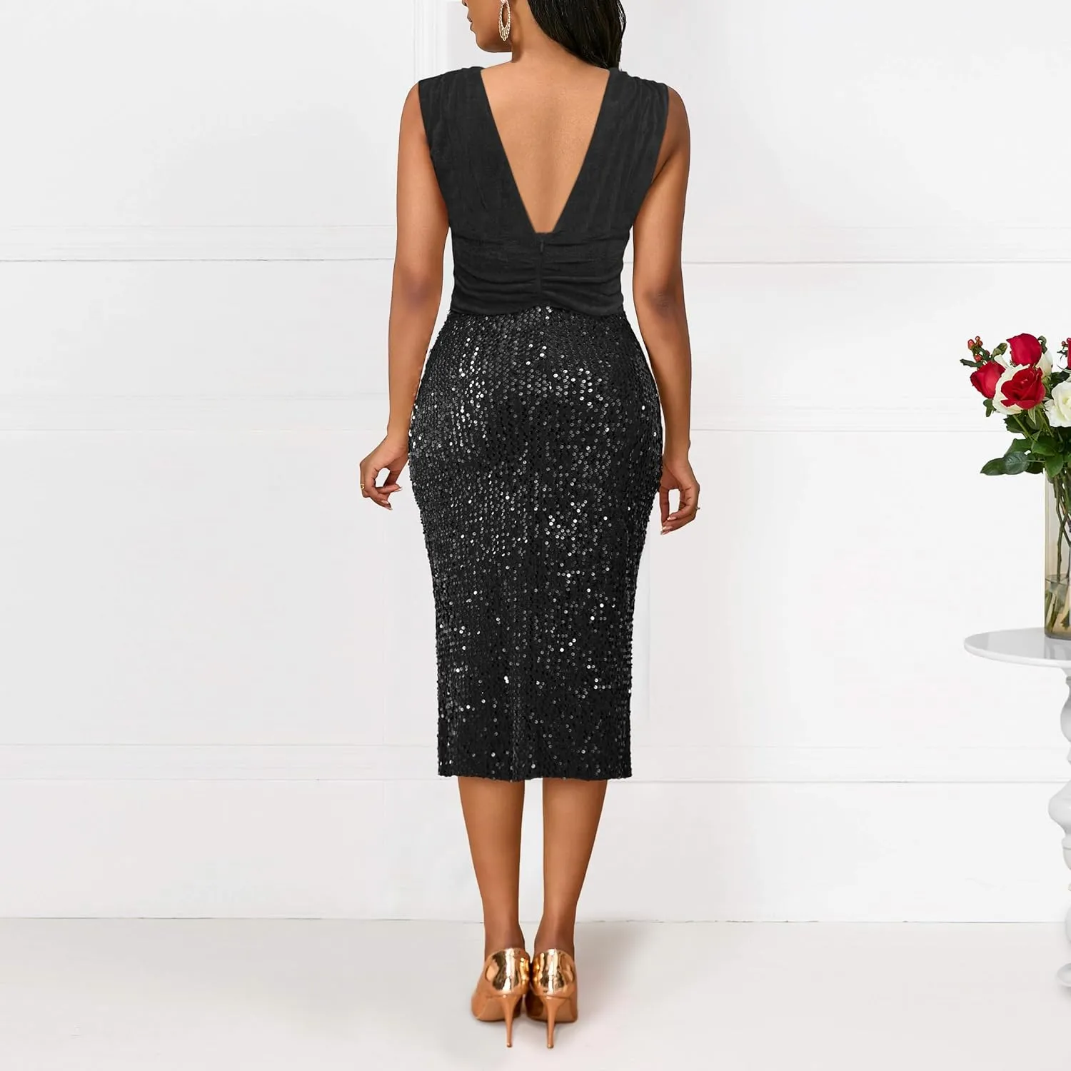 VERWIN Sleeveless V Neck Velvet Top Ruffle Waist Sparkly Casual Party Cocktail Evening Bodycon Midi Sequins Dress