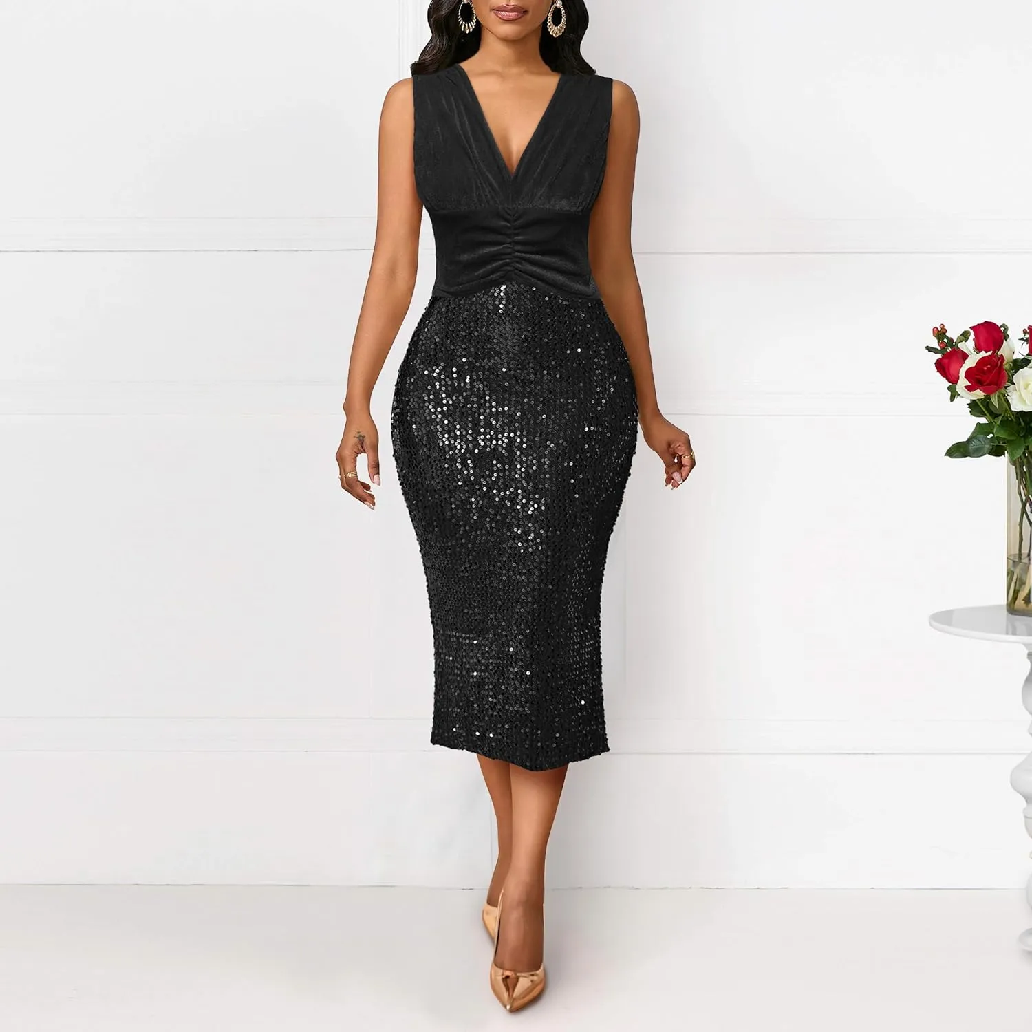 VERWIN Sleeveless V Neck Velvet Top Ruffle Waist Sparkly Casual Party Cocktail Evening Bodycon Midi Sequins Dress