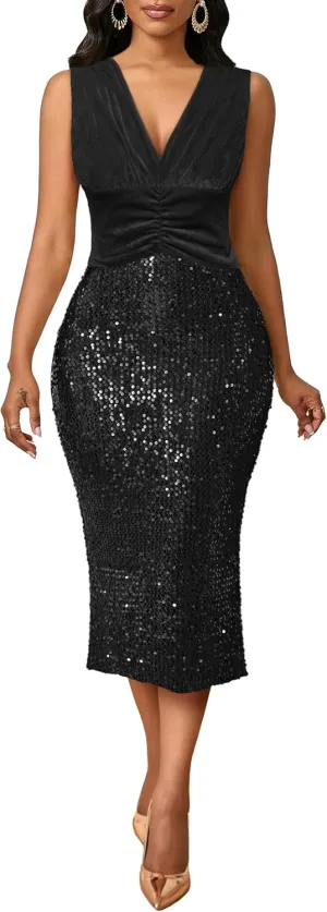 VERWIN Sleeveless V Neck Velvet Top Ruffle Waist Sparkly Casual Party Cocktail Evening Bodycon Midi Sequins Dress