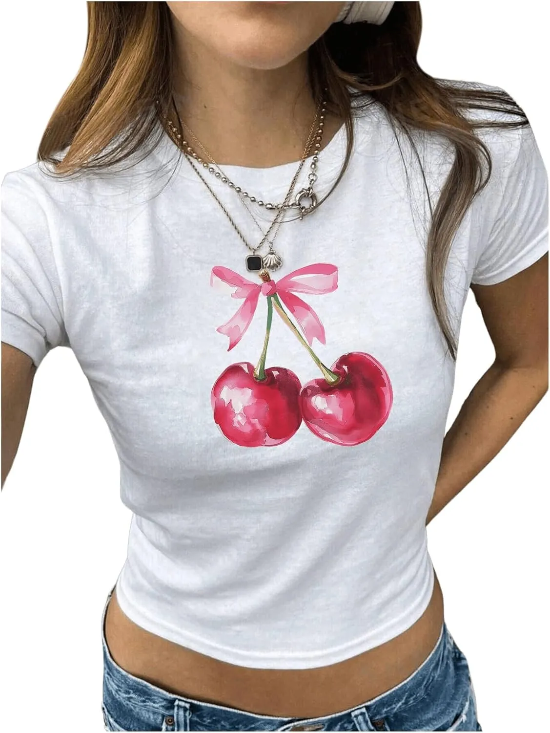 WDIRARA Women's Cherry Graphic Crop T Shirt Crewneck Short Sleeve Fitted Tee Top