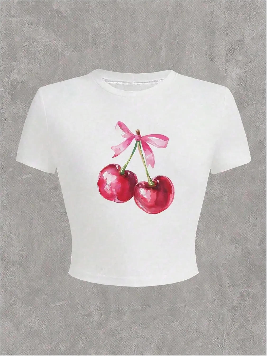 WDIRARA Women's Cherry Graphic Crop T Shirt Crewneck Short Sleeve Fitted Tee Top