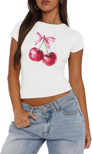WDIRARA Women's Cherry Graphic Crop T Shirt Crewneck Short Sleeve Fitted Tee Top