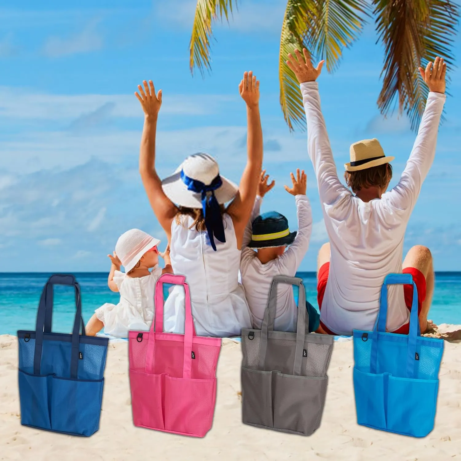 WFK Solid Mesh Beach Bag with Zipper, 6 Pockets, Waterproof, Sandproof, Perfect for Beach, Pool, Gym, Travel and Shopping
