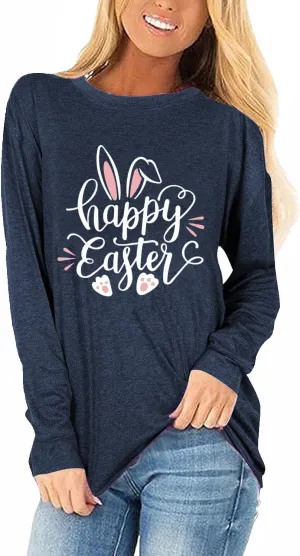 Woffccrd Long Sleeve T-Shirts Happy Easter Shirts Crew Neck Autism Awareness Shirts Spring Tops