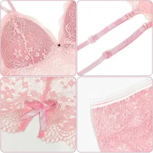 Women Babydoll Lingerie Set Chrismas 3 Piece Sexy Bow Lace Underwear Set Naughty Bra Briefs Lace Teddy Nightwear
