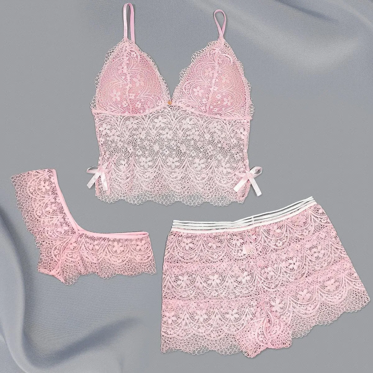 Women Babydoll Lingerie Set Chrismas 3 Piece Sexy Bow Lace Underwear Set Naughty Bra Briefs Lace Teddy Nightwear