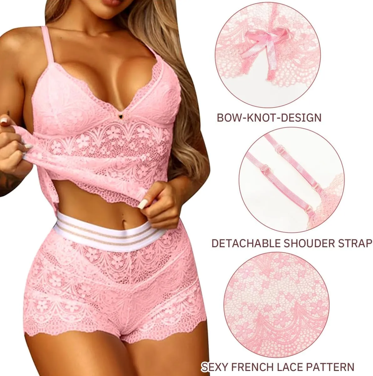 Women Babydoll Lingerie Set Chrismas 3 Piece Sexy Bow Lace Underwear Set Naughty Bra Briefs Lace Teddy Nightwear