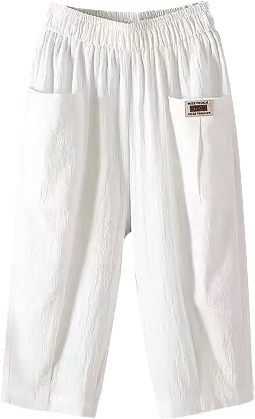 Women Capri Pants for Summer 2024 Casual Linen Cotton Plus Size Capris Loose Fitted Cropped Pants with Pocket