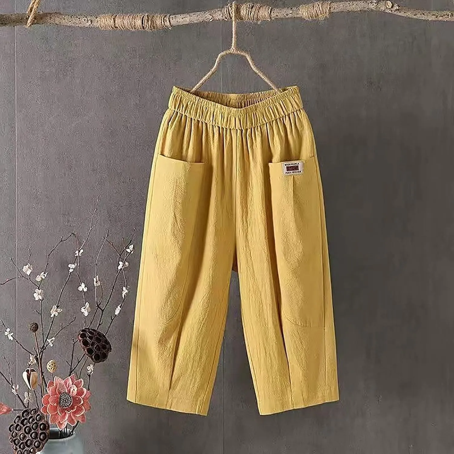 Women Capri Pants for Summer 2024 Casual Linen Cotton Plus Size Capris Loose Fitted Cropped Pants with Pocket