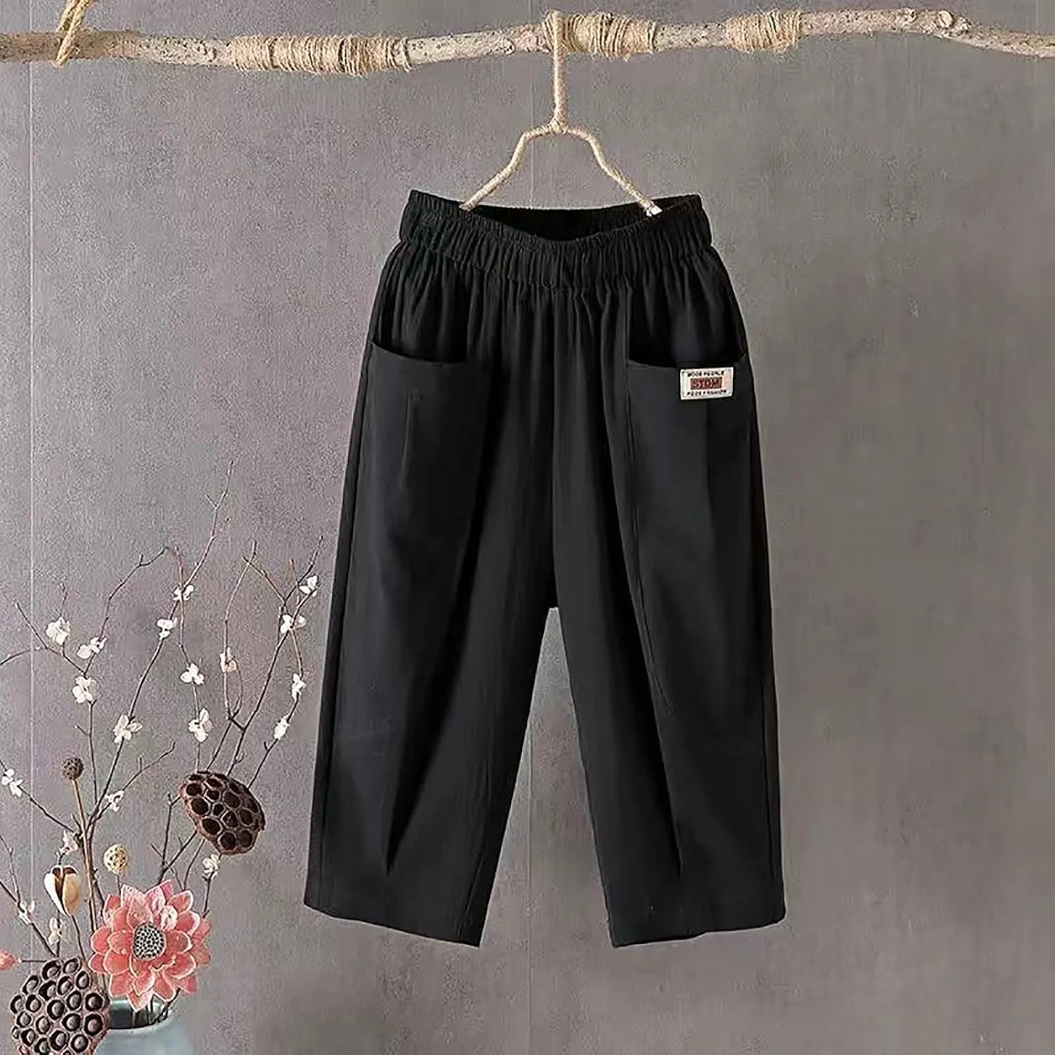 Women Capri Pants for Summer 2024 Casual Linen Cotton Plus Size Capris Loose Fitted Cropped Pants with Pocket
