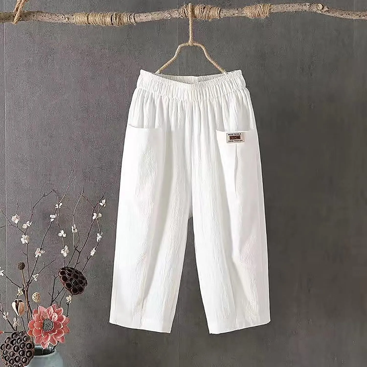 Women Capri Pants for Summer 2024 Casual Linen Cotton Plus Size Capris Loose Fitted Cropped Pants with Pocket
