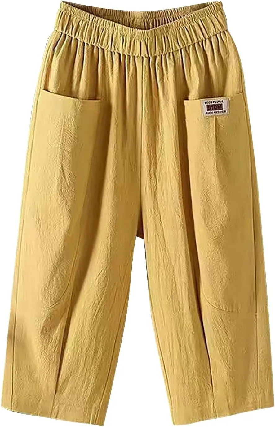 Women Capri Pants for Summer 2024 Casual Linen Cotton Plus Size Capris Loose Fitted Cropped Pants with Pocket