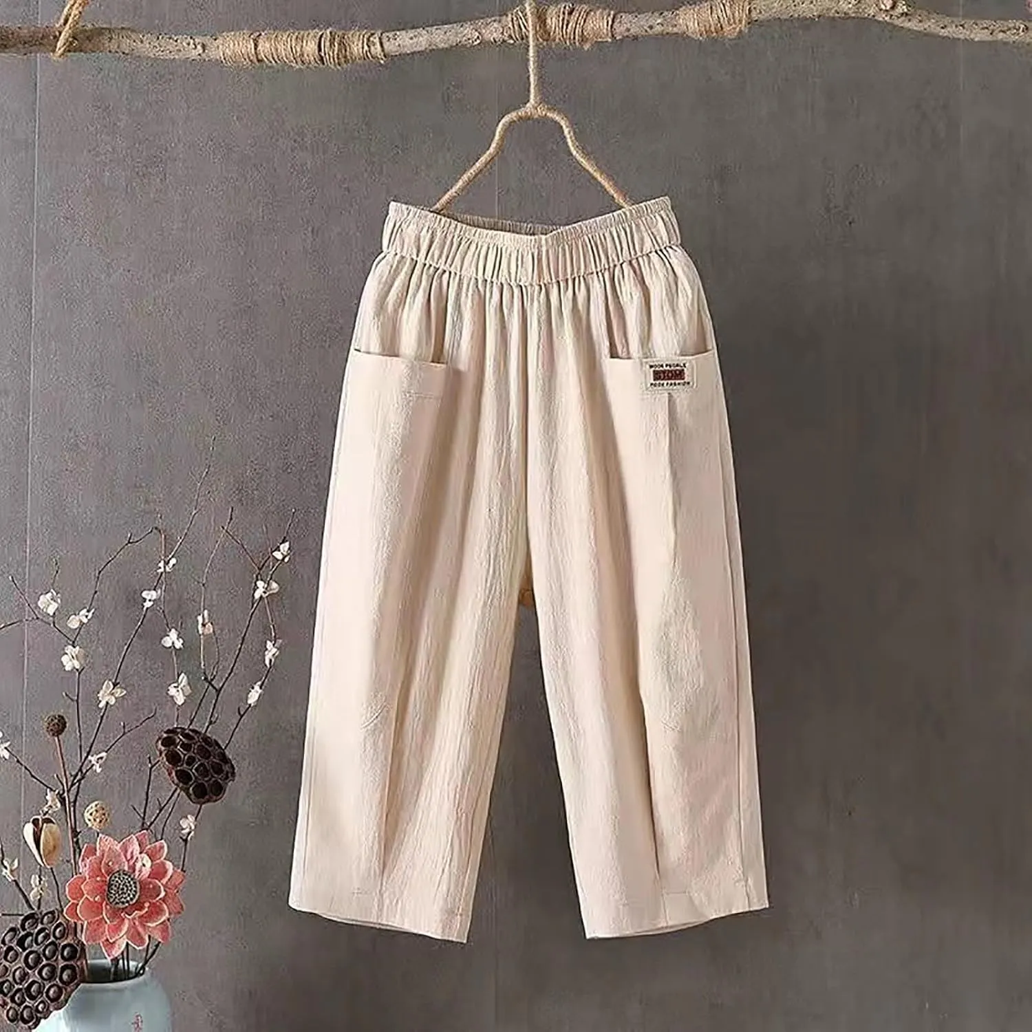Women Capri Pants for Summer 2024 Casual Linen Cotton Plus Size Capris Loose Fitted Cropped Pants with Pocket