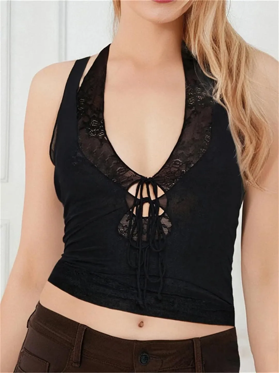 Women Fake-Two Pieces Tank Sexy Tops Sleeveless Halter Tie-Up Front Lace Patchwork Mini Vest