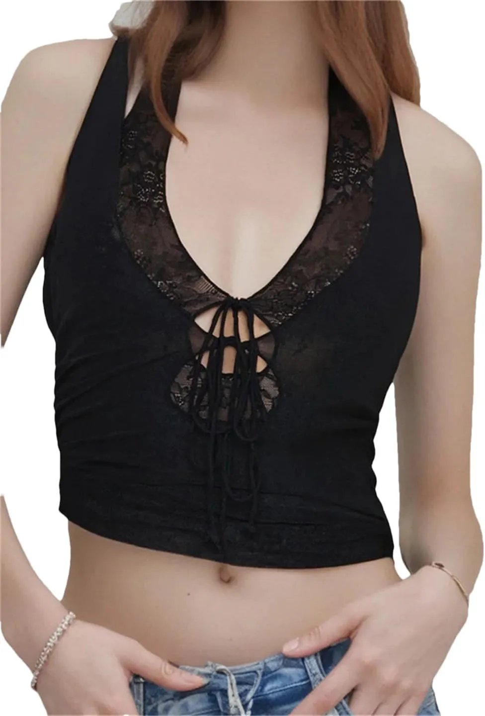 Women Fake-Two Pieces Tank Sexy Tops Sleeveless Halter Tie-Up Front Lace Patchwork Mini Vest