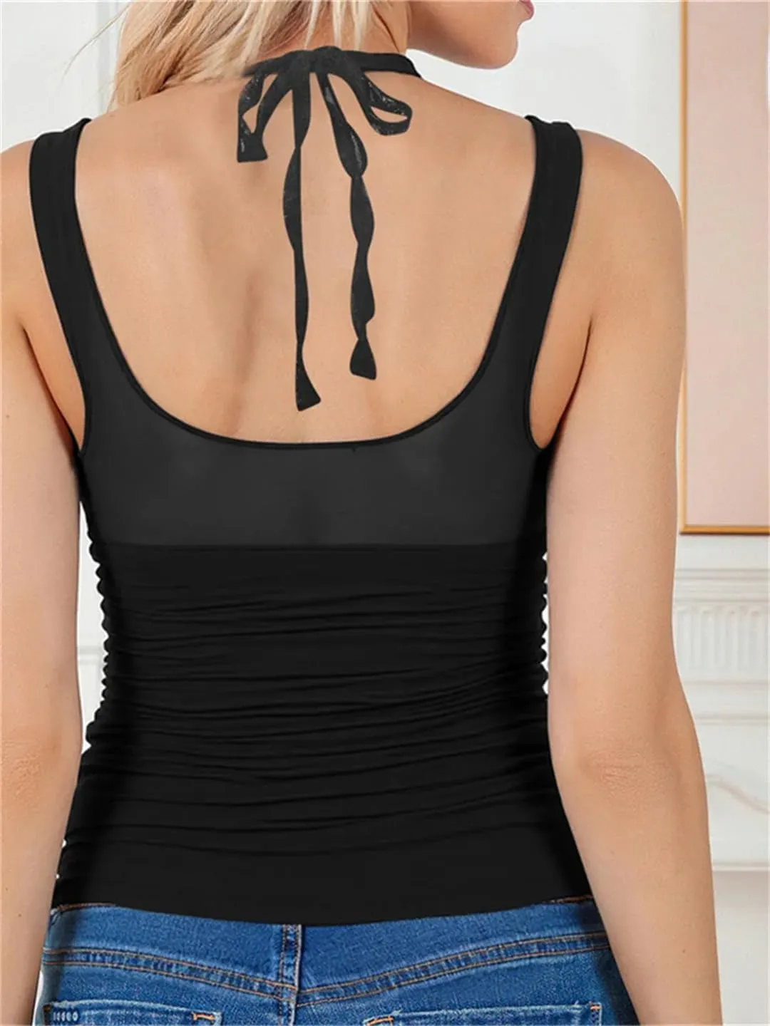 Women Fake-Two Pieces Tank Sexy Tops Sleeveless Halter Tie-Up Front Lace Patchwork Mini Vest