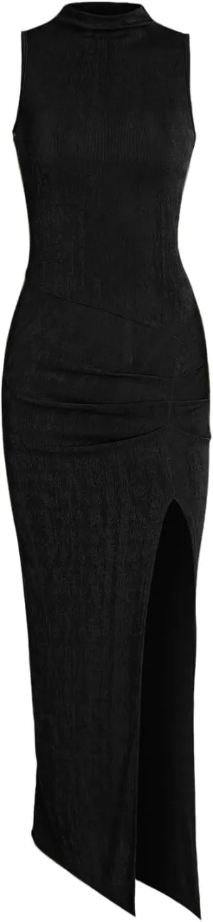 Women Sexy Semi Sheer Sleeveless Mock Turtleneck Jersey Ruched Thigh Slit Bodycon Maxi Dress for Party Club Night