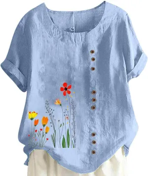 Women Summer Linen Tops Short Sleeve Blouse Comfy Boho Tshirt Floral Tees Comfy T Shirt Cute Shirts Loose T-shirt
