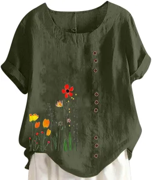 Women Summer Linen Tops Short Sleeve Blouse Comfy Boho Tshirt Floral Tees Comfy T Shirt Cute Shirts Loose T-shirt