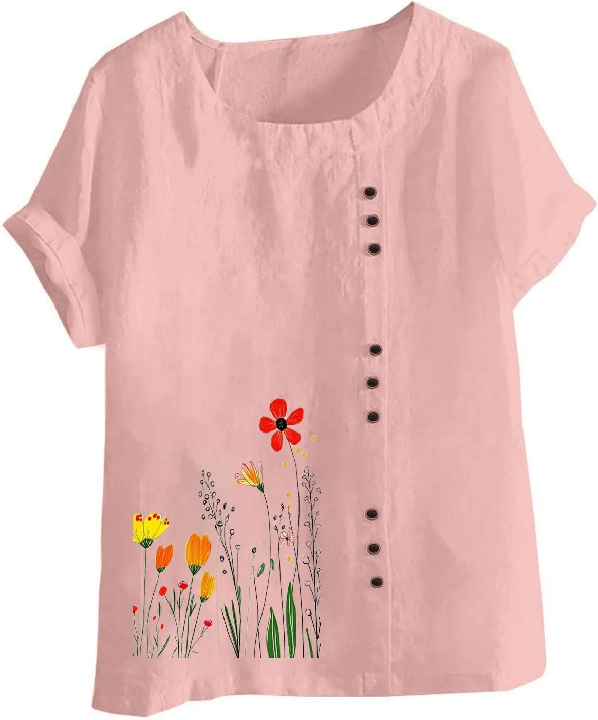 Women Summer Linen Tops Short Sleeve Blouse Comfy Boho Tshirt Floral Tees Comfy T Shirt Cute Shirts Loose T-shirt