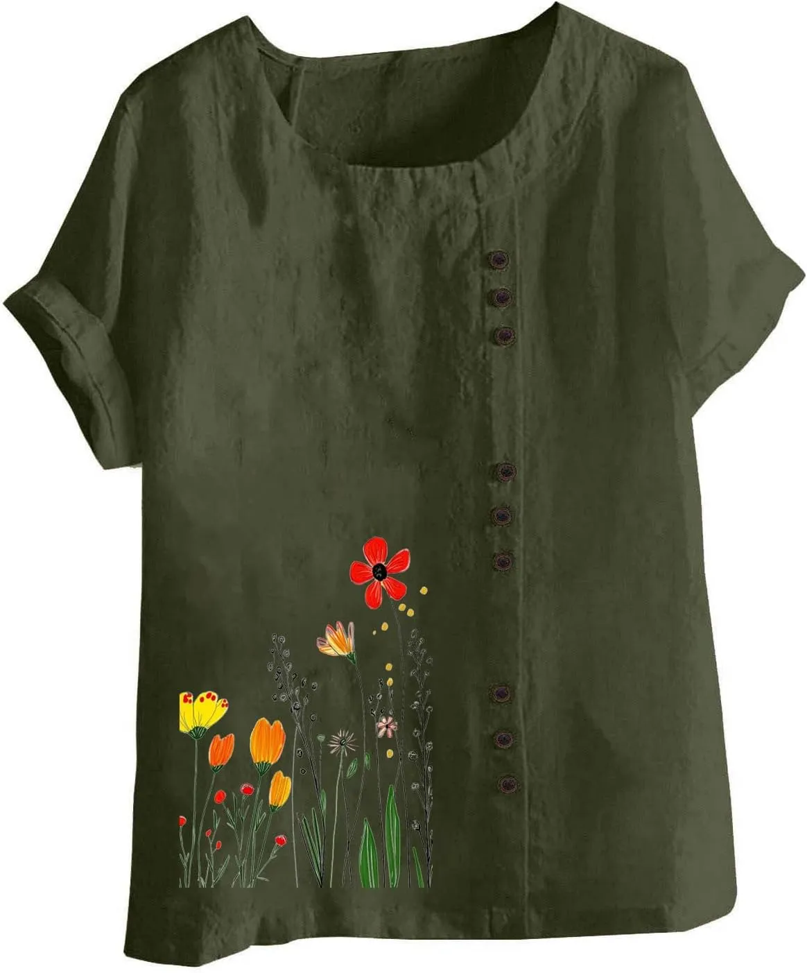 Women Summer Linen Tops Short Sleeve Blouse Comfy Boho Tshirt Floral Tees Comfy T Shirt Cute Shirts Loose T-shirt