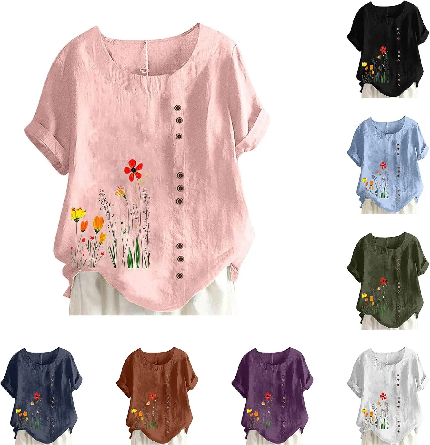 Women Summer Linen Tops Short Sleeve Blouse Comfy Boho Tshirt Floral Tees Comfy T Shirt Cute Shirts Loose T-shirt