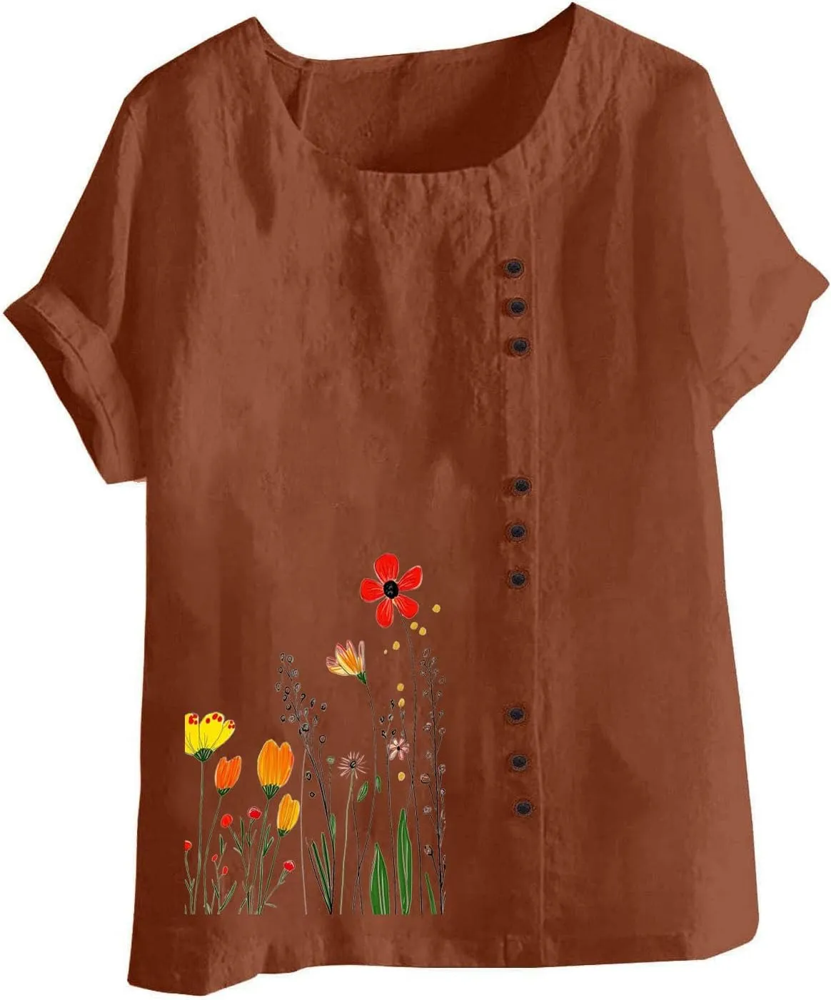 Women Summer Linen Tops Short Sleeve Blouse Comfy Boho Tshirt Floral Tees Comfy T Shirt Cute Shirts Loose T-shirt